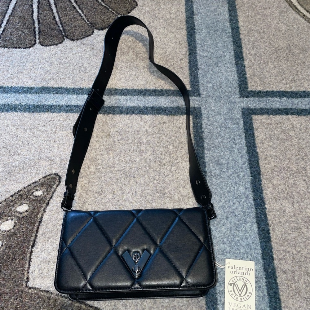 NEW Valentino Orlandi Quilted Crossbody Italy Shoulder Bag Black Gunmetal Purse